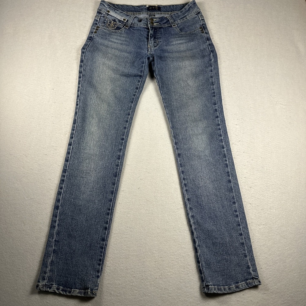 OTB Jeans Girls Size 5/6 Blue Rhinestone Pocket Straight Leg Denim
